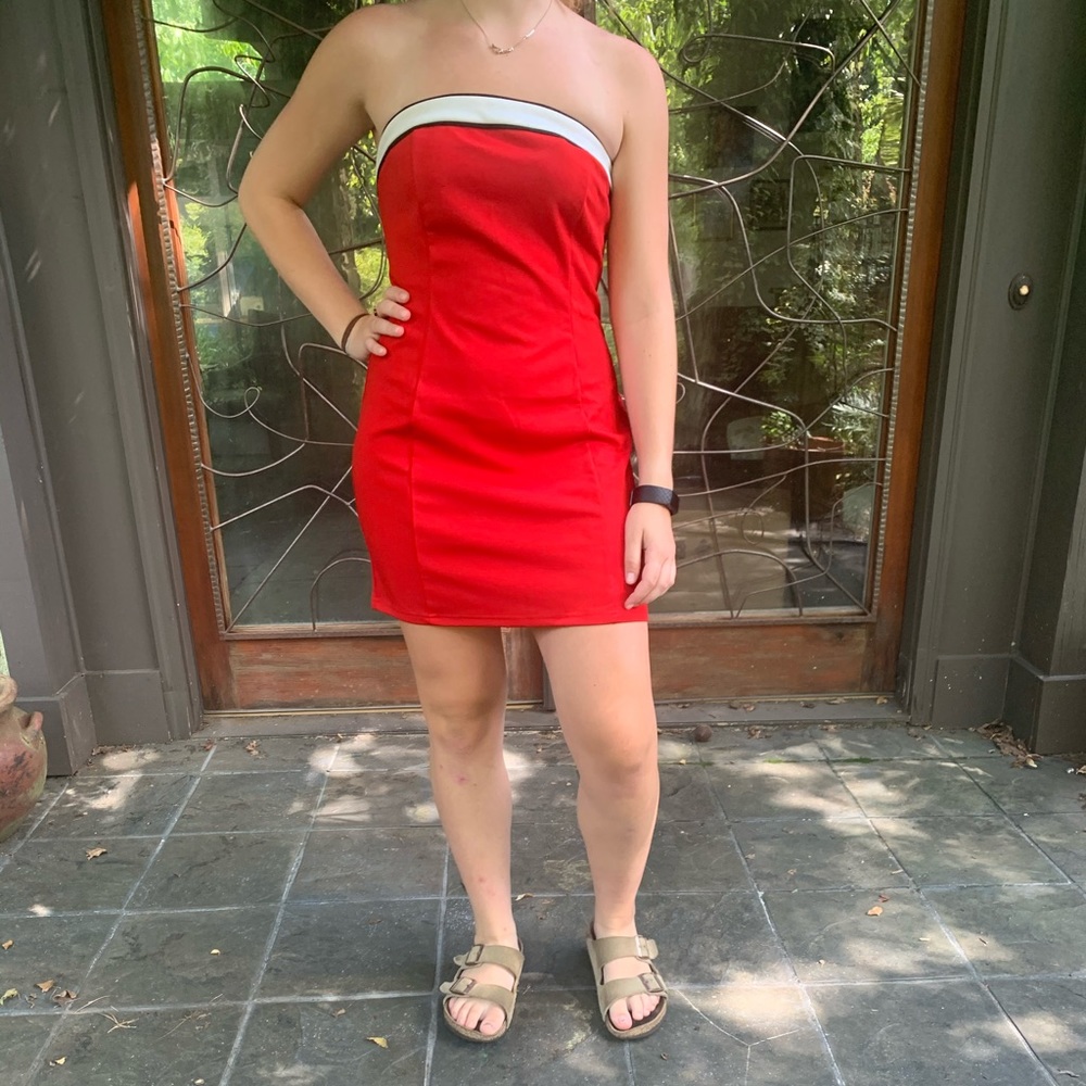 Red and white strapless body con dress
